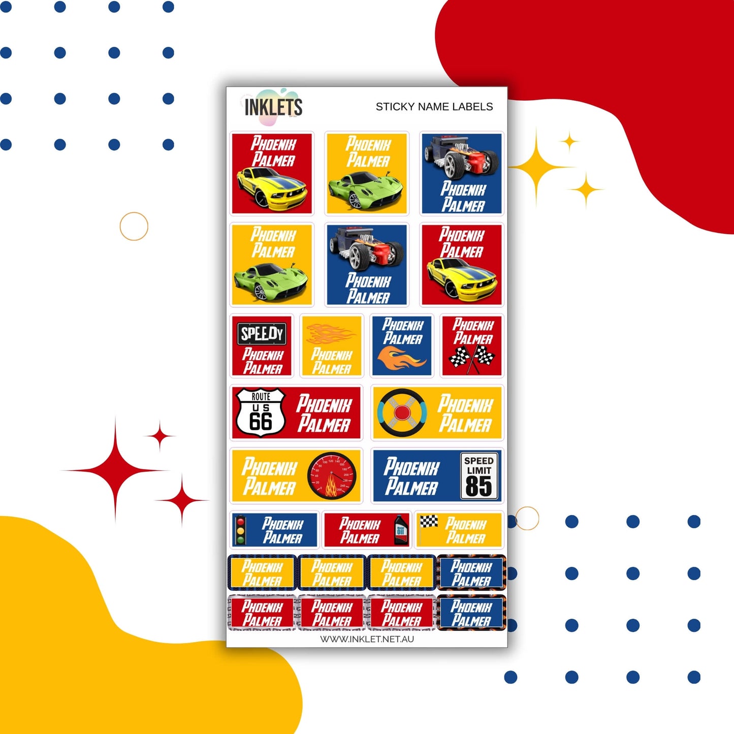 Cars Name Label Sheet