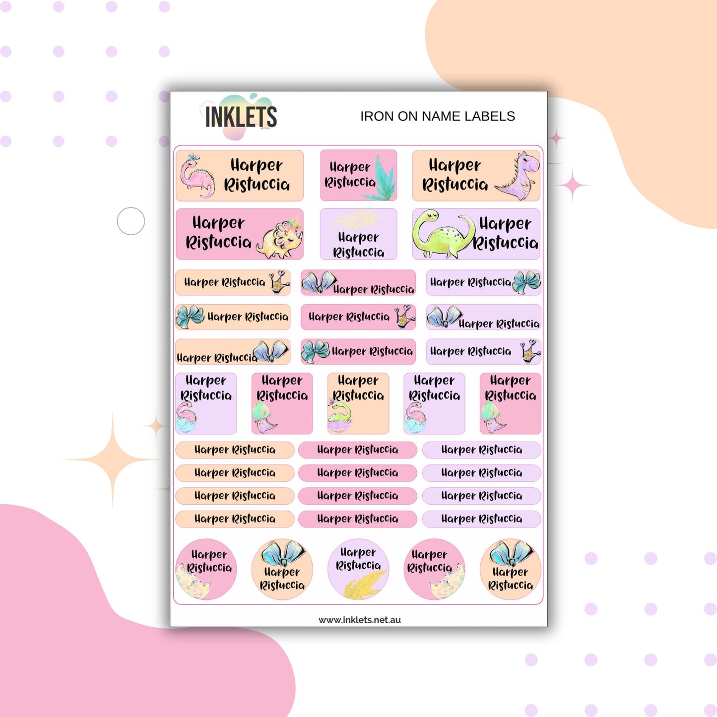 Pink Dinos Iron on Labels