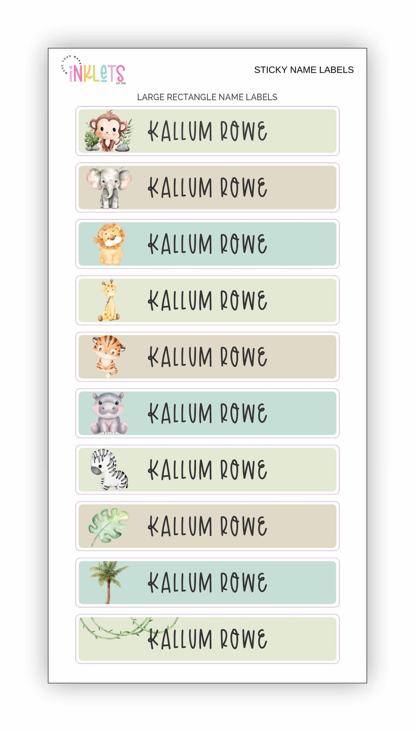 A vibrant assortment of Jungle-themed personalised stickers in soft colours, showcasing different shapes and sizes for labelling.