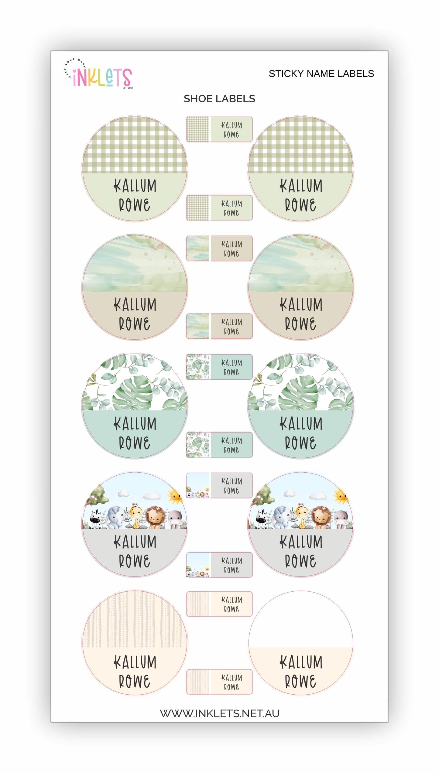 A vibrant assortment of Jungle-themed personalised stickers in soft colours, showcasing different shapes and sizes for labelling.