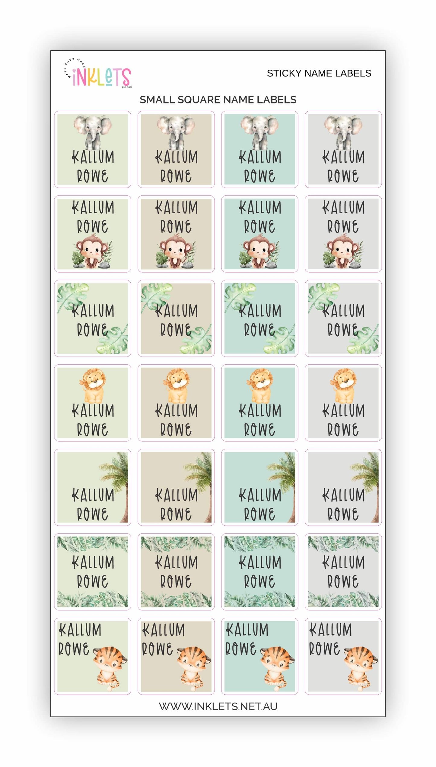 A vibrant assortment of Jungle-themed personalised stickers in soft colours, showcasing different shapes and sizes for labelling.