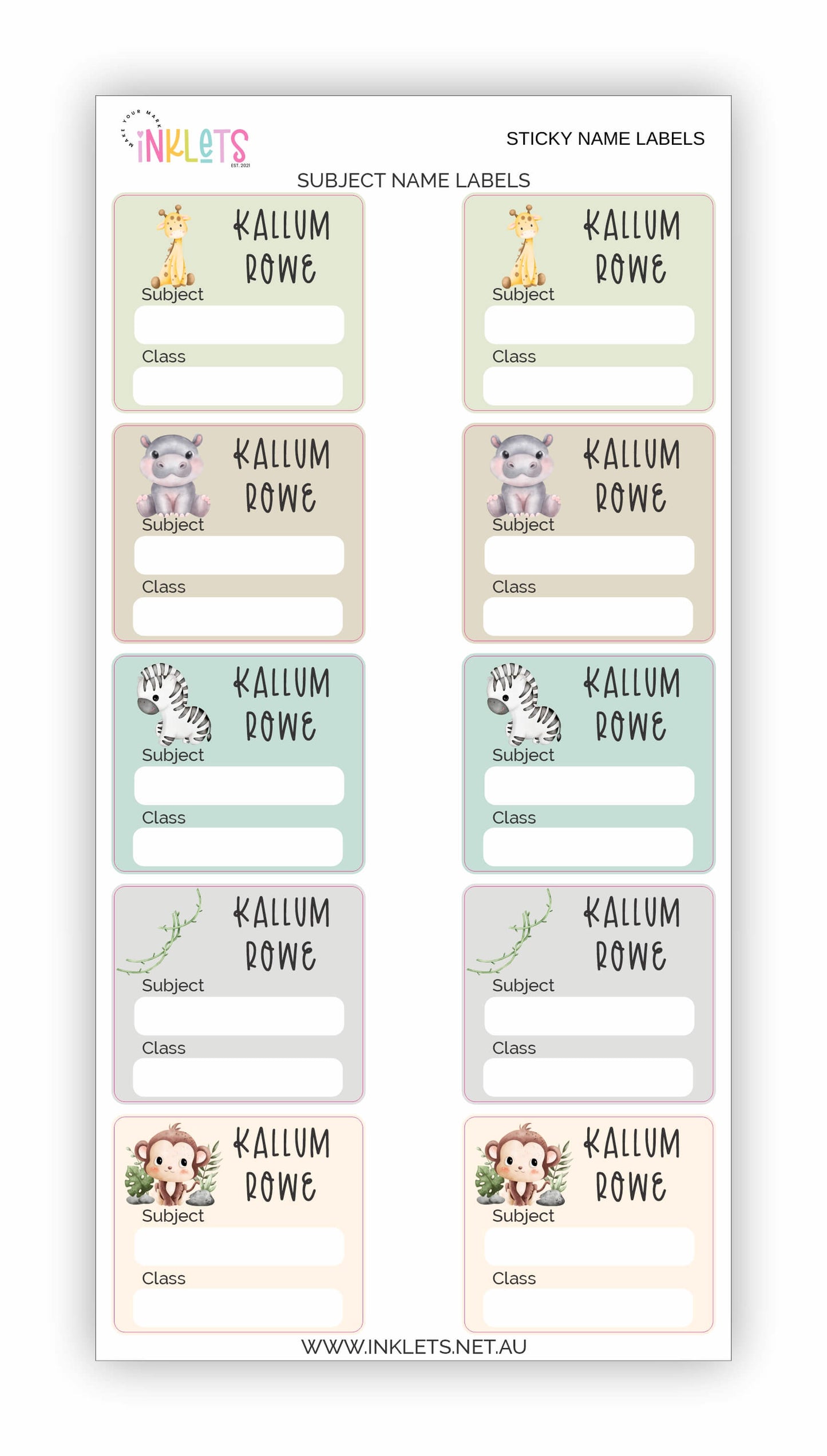 A vibrant assortment of Jungle-themed personalised stickers in soft colours, showcasing different shapes and sizes for labelling.