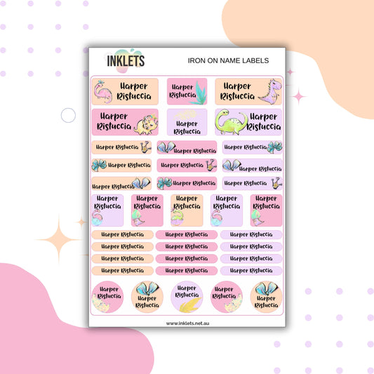 Pink Dinos Iron on Labels