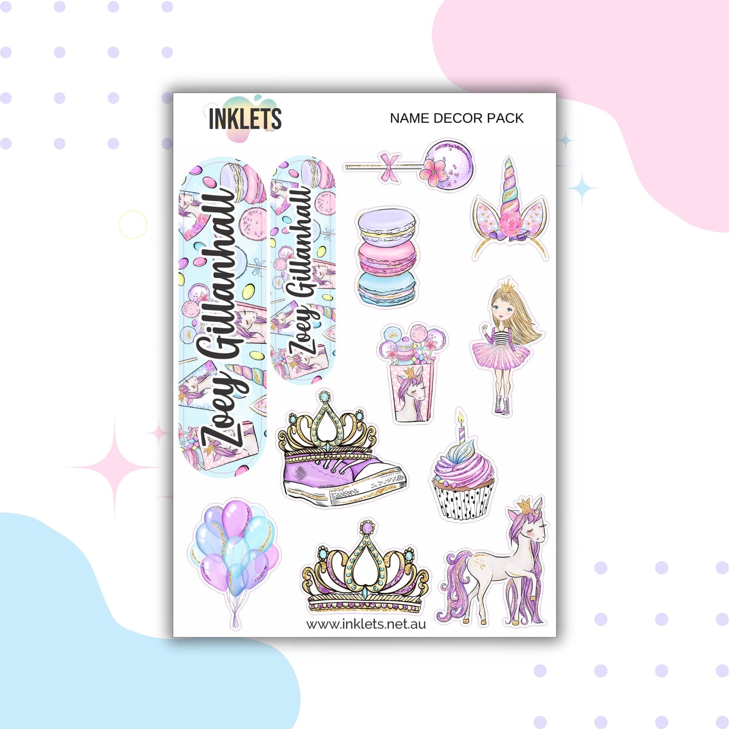 Unicorn Candy Name Decor Sheets