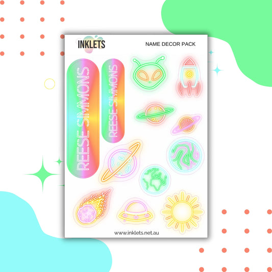 Neon Space Name Decor Sheets
